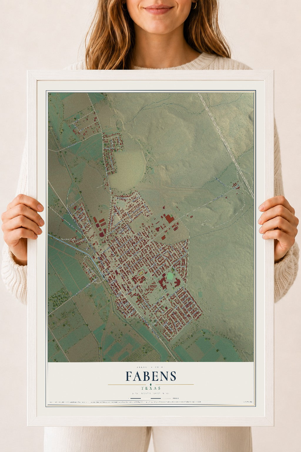 Map of Fabens, Texas, 18 x 24 inch print in a white wood frame