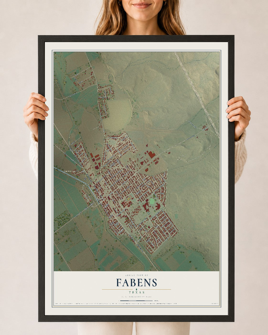 Map of Fabens, Texas, 24 x 36 inch print in a black wood frame