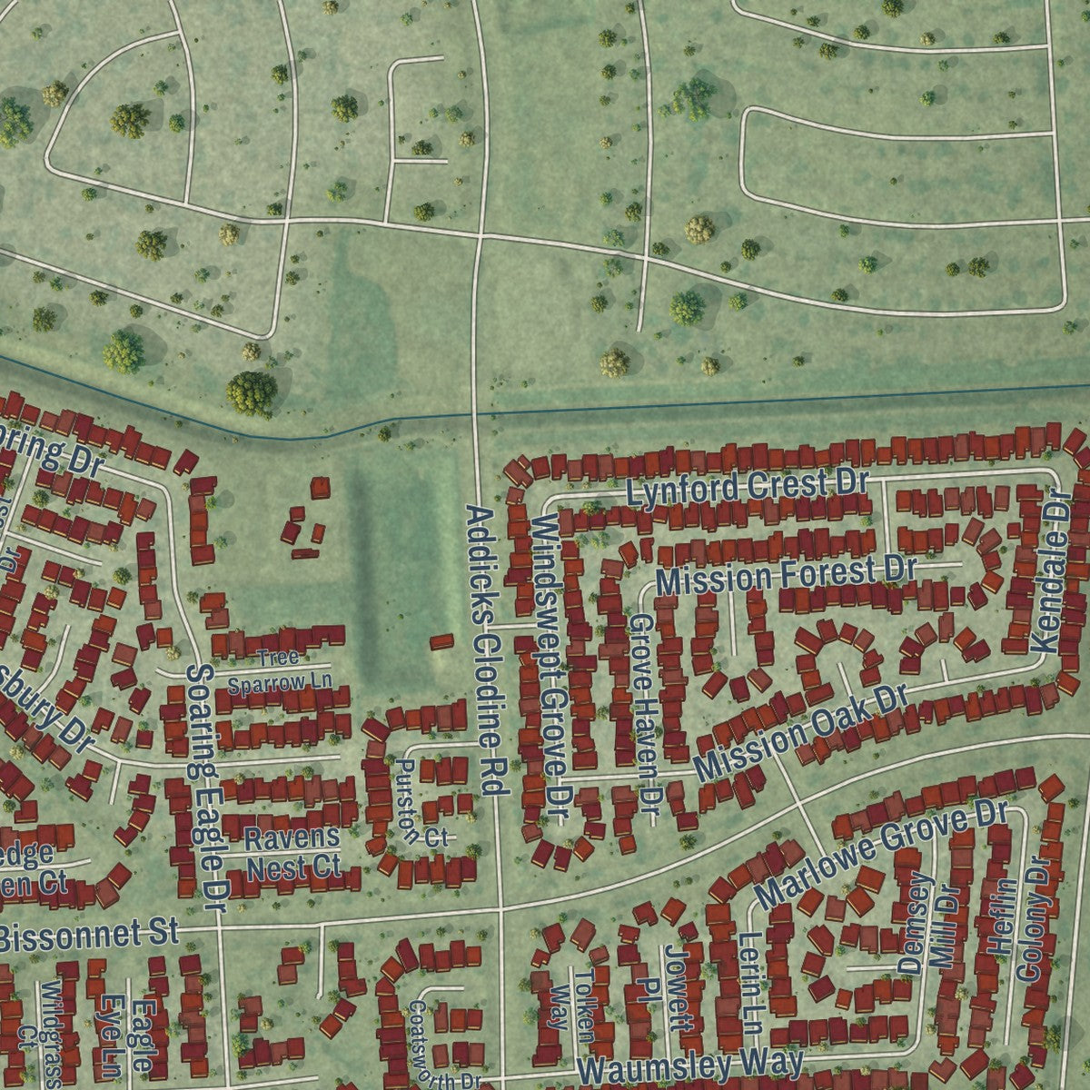 Second close-up of the map of Four Corners, Texas print showing more streets and buildings