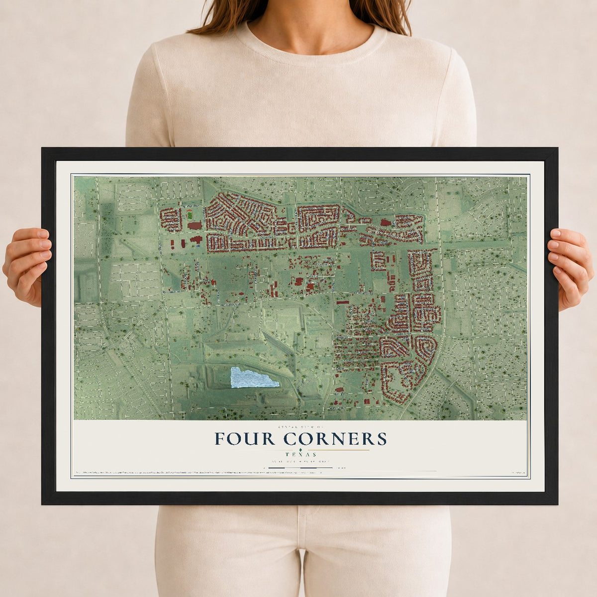 Map of Four Corners, Texas, 12 x 18 inch print in a black wood frame