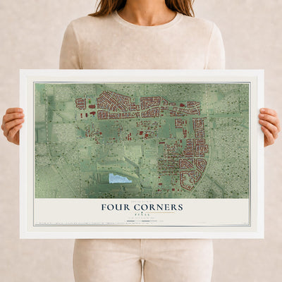 Map of Four Corners, Texas, 12 x 18 inch print in a white wood frame
