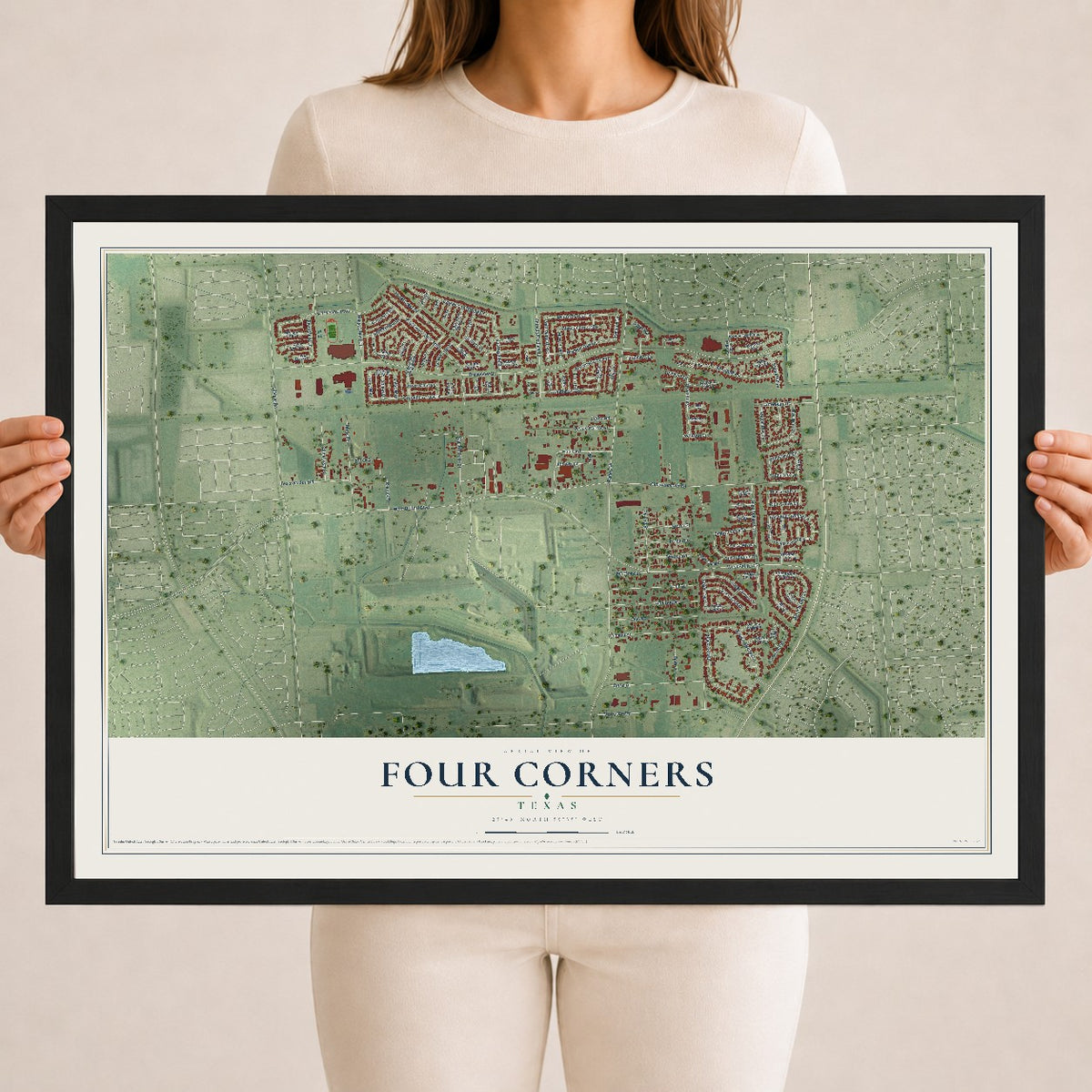 Map of Four Corners, Texas, 18 x 24 inch print in a black wood frame