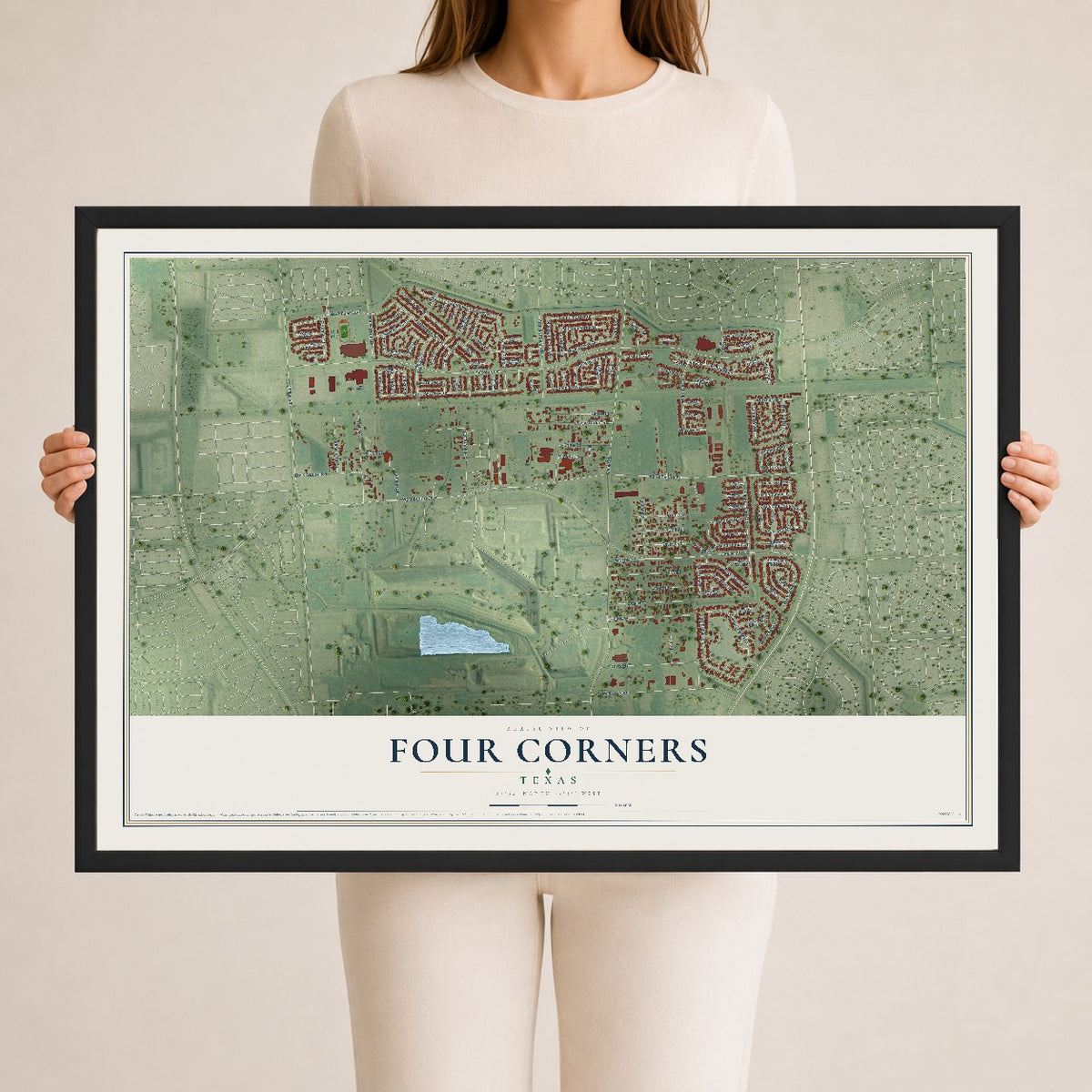 Map of Four Corners, Texas, 24 x 36 inch print in a black wood frame