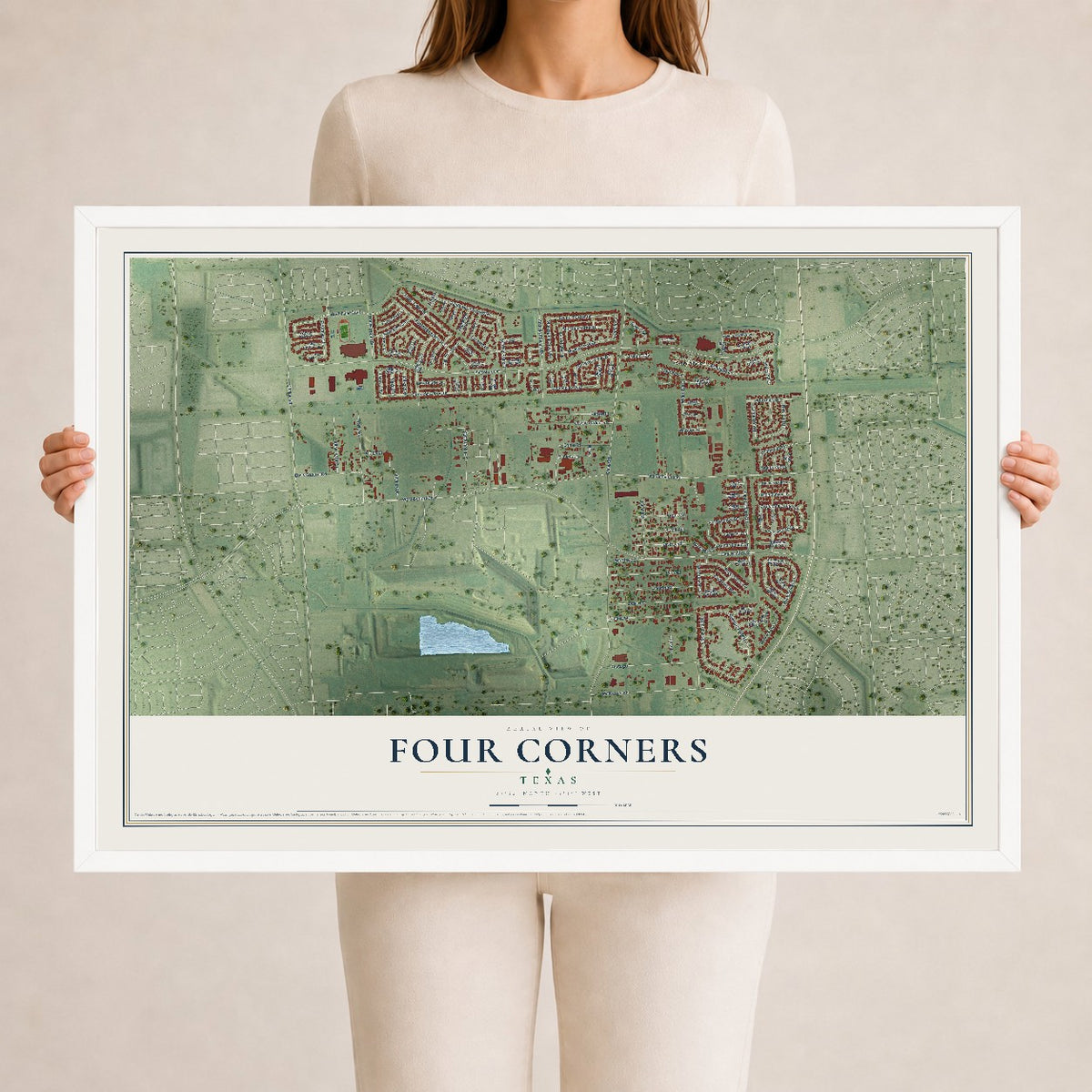 Map of Four Corners, Texas, 24 x 36 inch print in a white wood frame