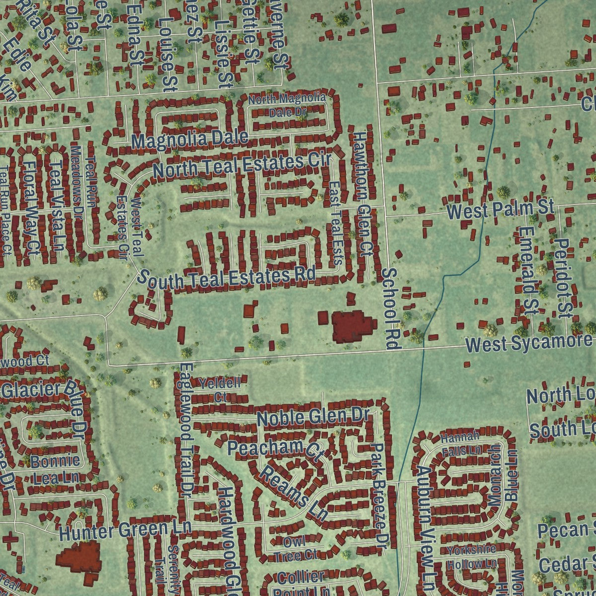 Close-up of the map of Fresno, Texas print showing street and building detail