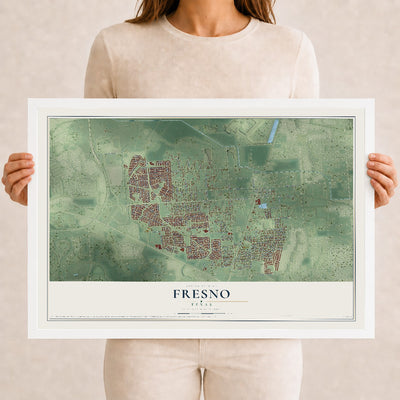 Map of Fresno, Texas, 12 x 18 inch print in a white wood frame