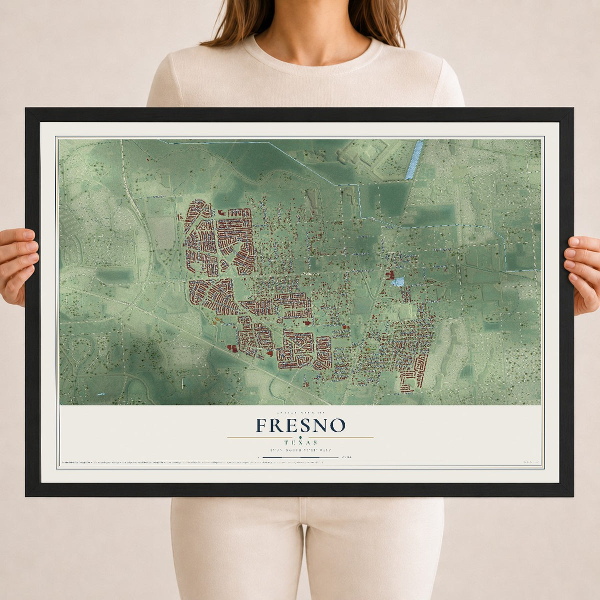 Map of Fresno, Texas, 18 x 24 inch print in a black wood frame