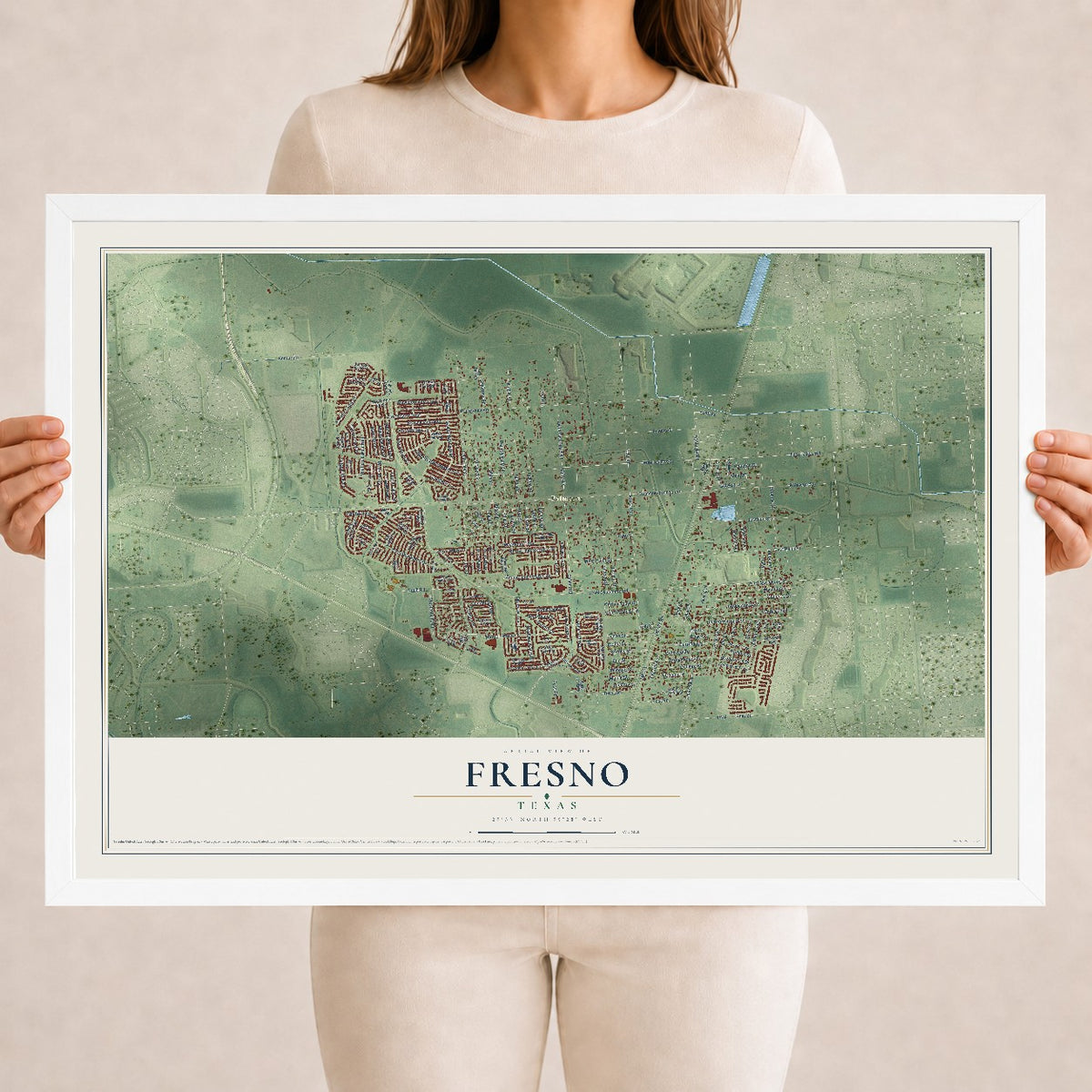 Map of Fresno, Texas, 18 x 24 inch print in a white wood frame