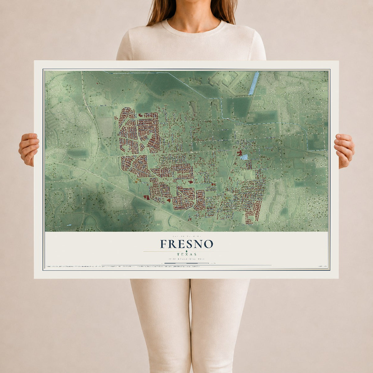 Map of Fresno, Texas, 24 x 36 inch unframed archival matte print