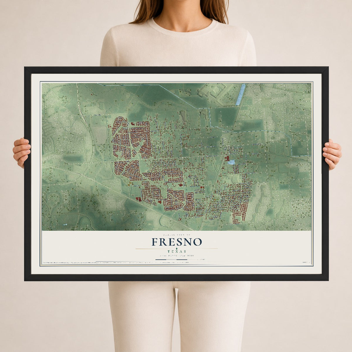 Map of Fresno, Texas, 24 x 36 inch print in a black wood frame