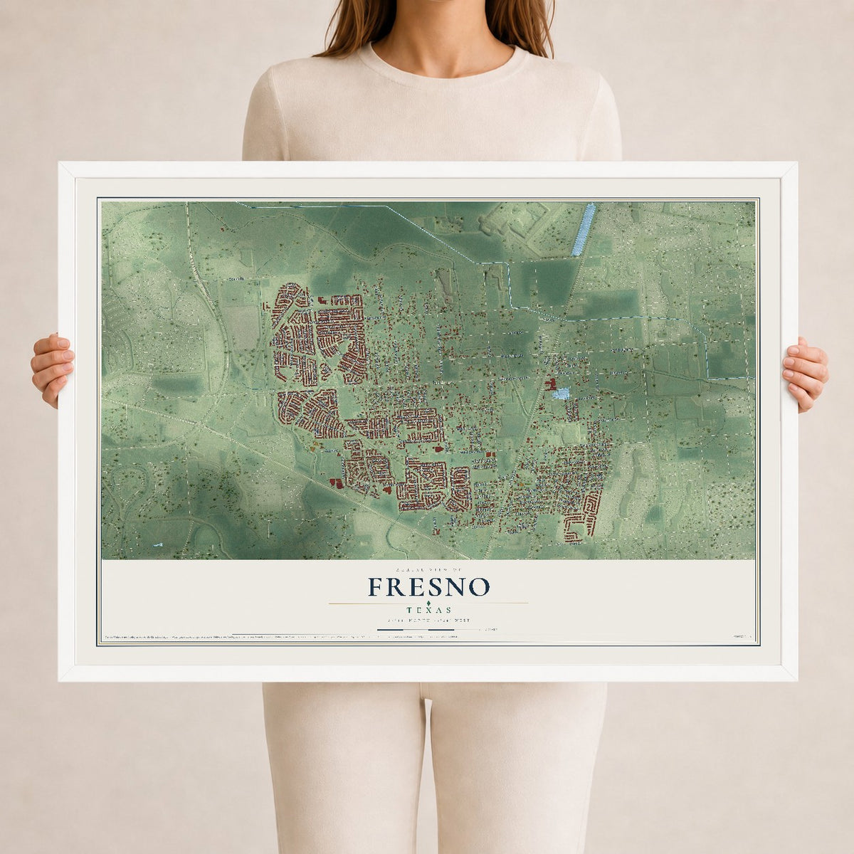 Map of Fresno, Texas, 24 x 36 inch print in a white wood frame