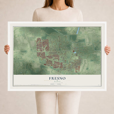 Map of Fresno, Texas, 24 x 36 inch print in a white wood frame
