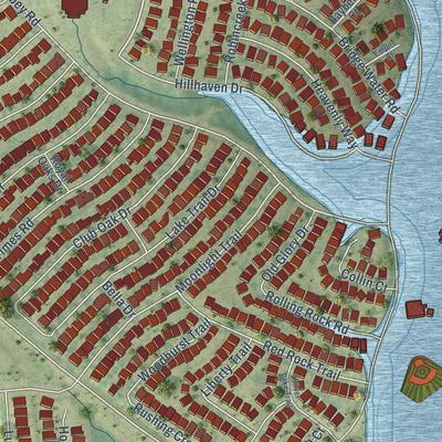 Close-up of the map of Heartland, Texas print showing street and building detail