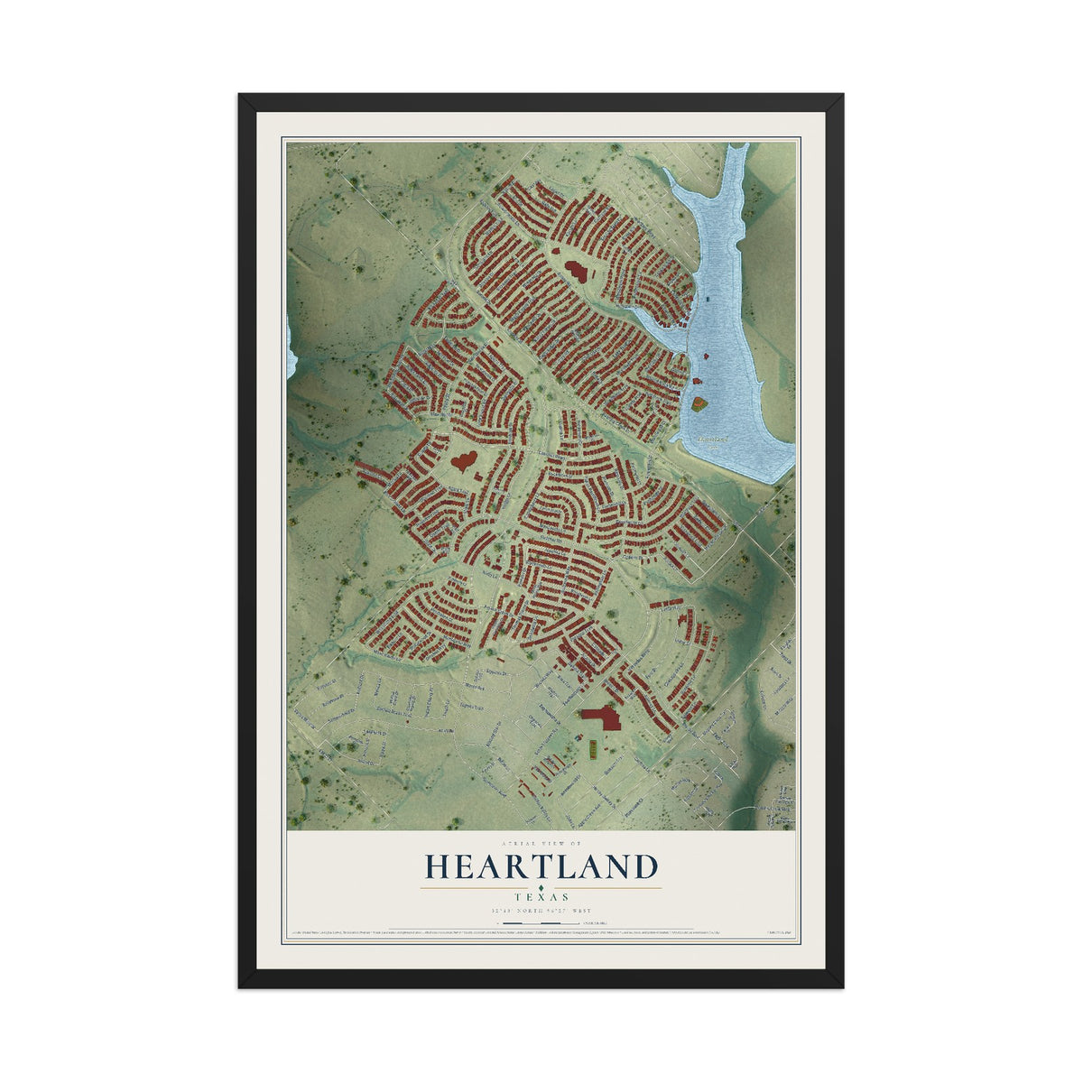 Map of Heartland, Texas, 12 x 18 inch print in a black wood frame