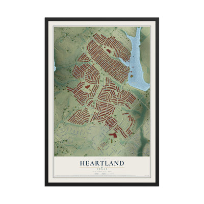 Map of Heartland, Texas, 12 x 18 inch print in a black wood frame