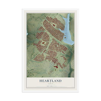 Map of Heartland, Texas, 12 x 18 inch print in a white wood frame