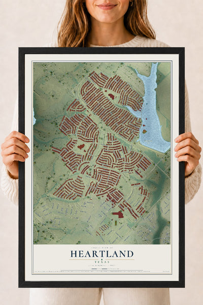 Map of Heartland, Texas, 18 x 24 inch print in a black wood frame