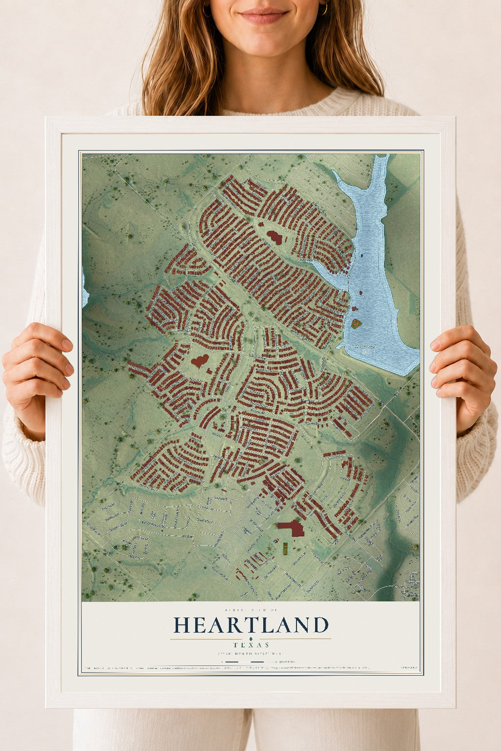 Map of Heartland, Texas, 18 x 24 inch print in a white wood frame