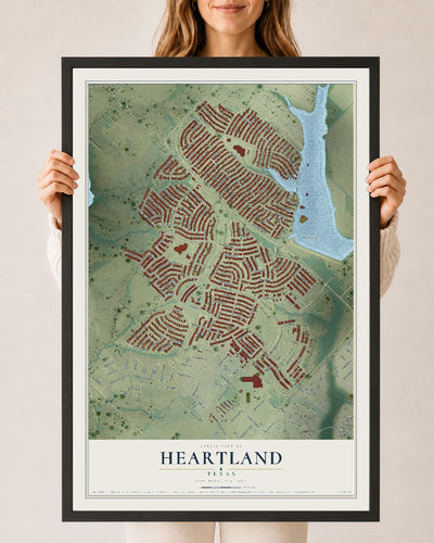 Map of Heartland, Texas, 24 x 36 inch print in a black wood frame