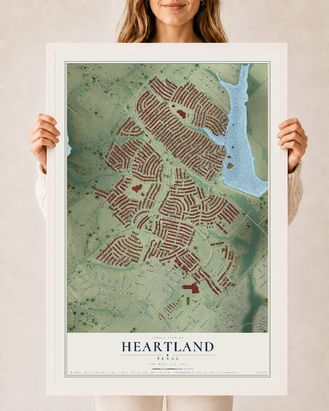 Map of Heartland, Texas, 24 x 36 inch print in a white wood frame