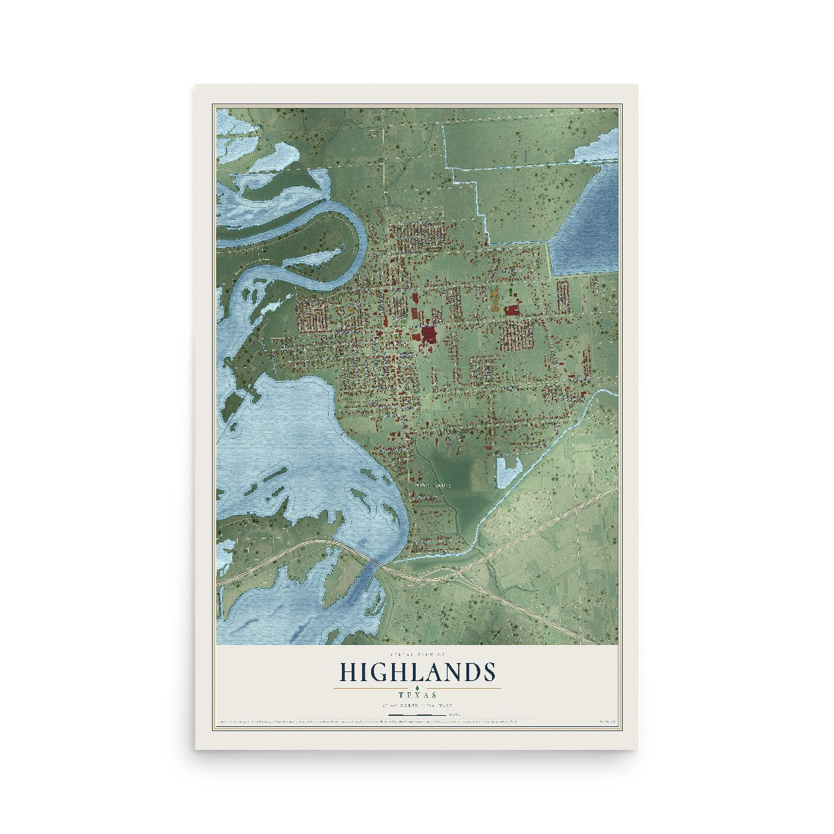 Map of Highlands, Texas, 12 x 18 inch unframed archival matte print