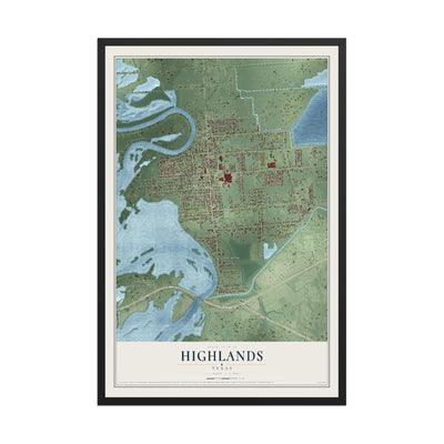 Map of Highlands, Texas, 12 x 18 inch print in a black wood frame