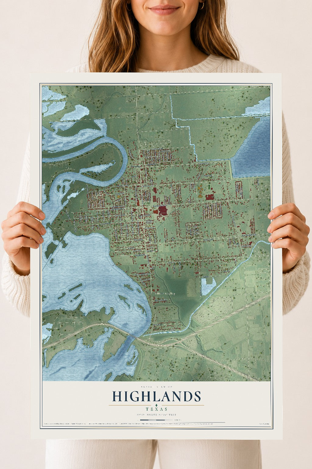 Map of Highlands, Texas, 18 x 24 inch unframed archival matte print