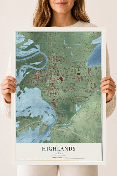 Map of Highlands, Texas, 18 x 24 inch unframed archival matte print