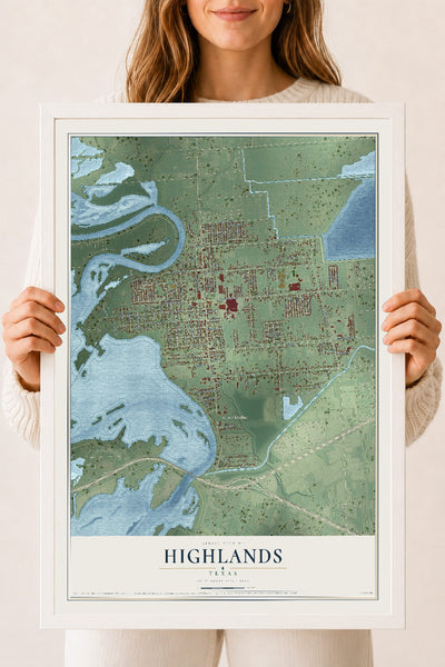 Map of Highlands, Texas, 18 x 24 inch print in a white wood frame