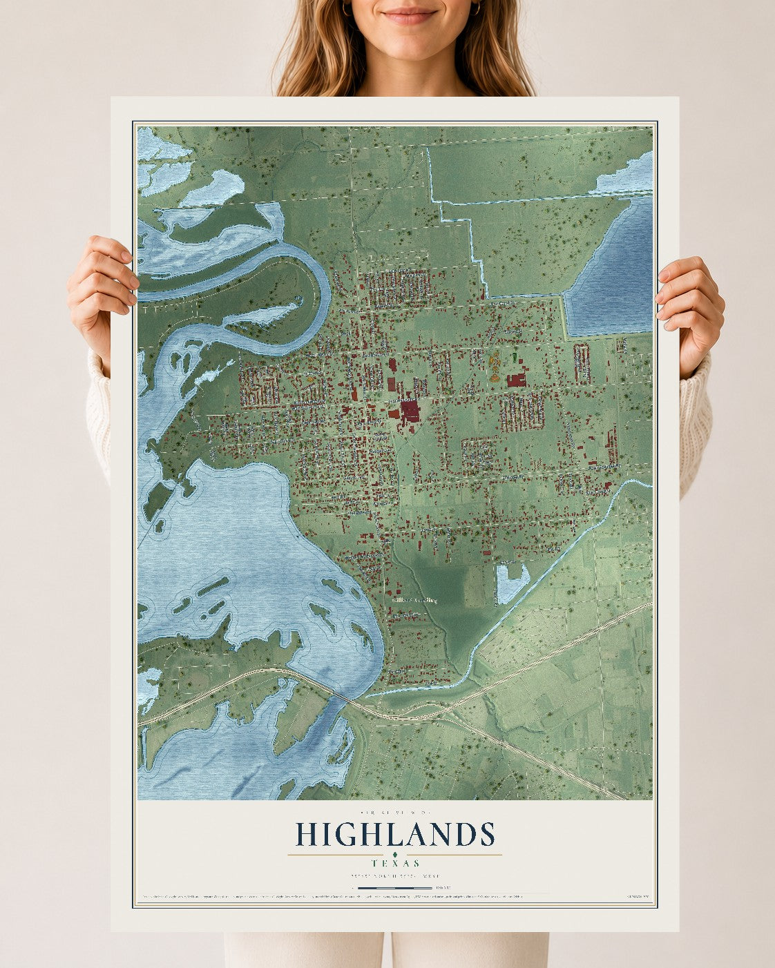 Map of Highlands, Texas, 24 x 36 inch unframed archival matte print