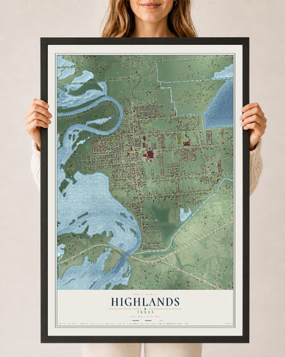 Map of Highlands, Texas, 24 x 36 inch print in a black wood frame