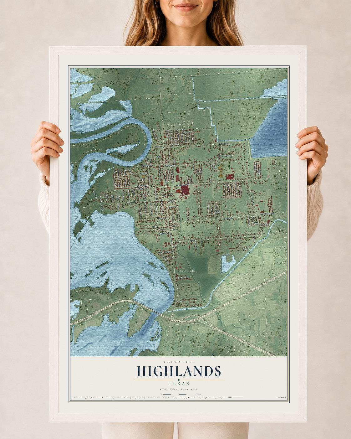 Map of Highlands, Texas, 24 x 36 inch print in a white wood frame