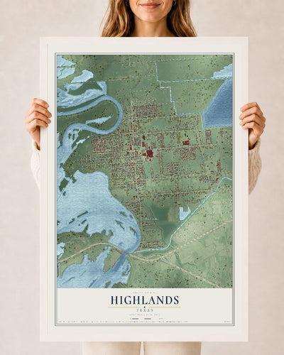 Map of Highlands, Texas, 24 x 36 inch print in a white wood frame
