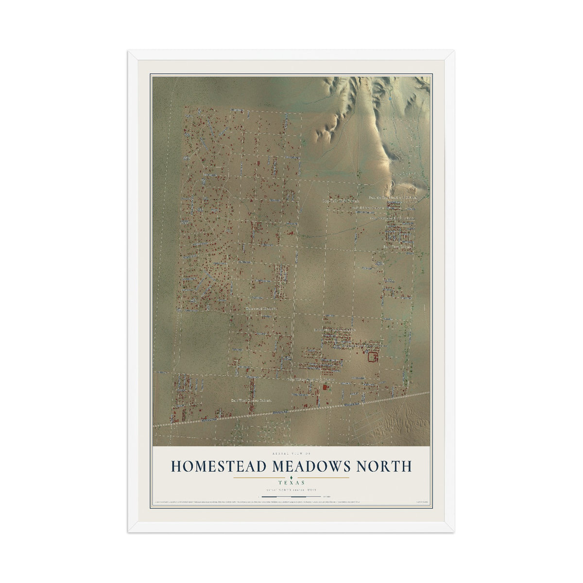 Map of Homestead Meadows North, Texas, 12 x 18 inch print in a white wood frame