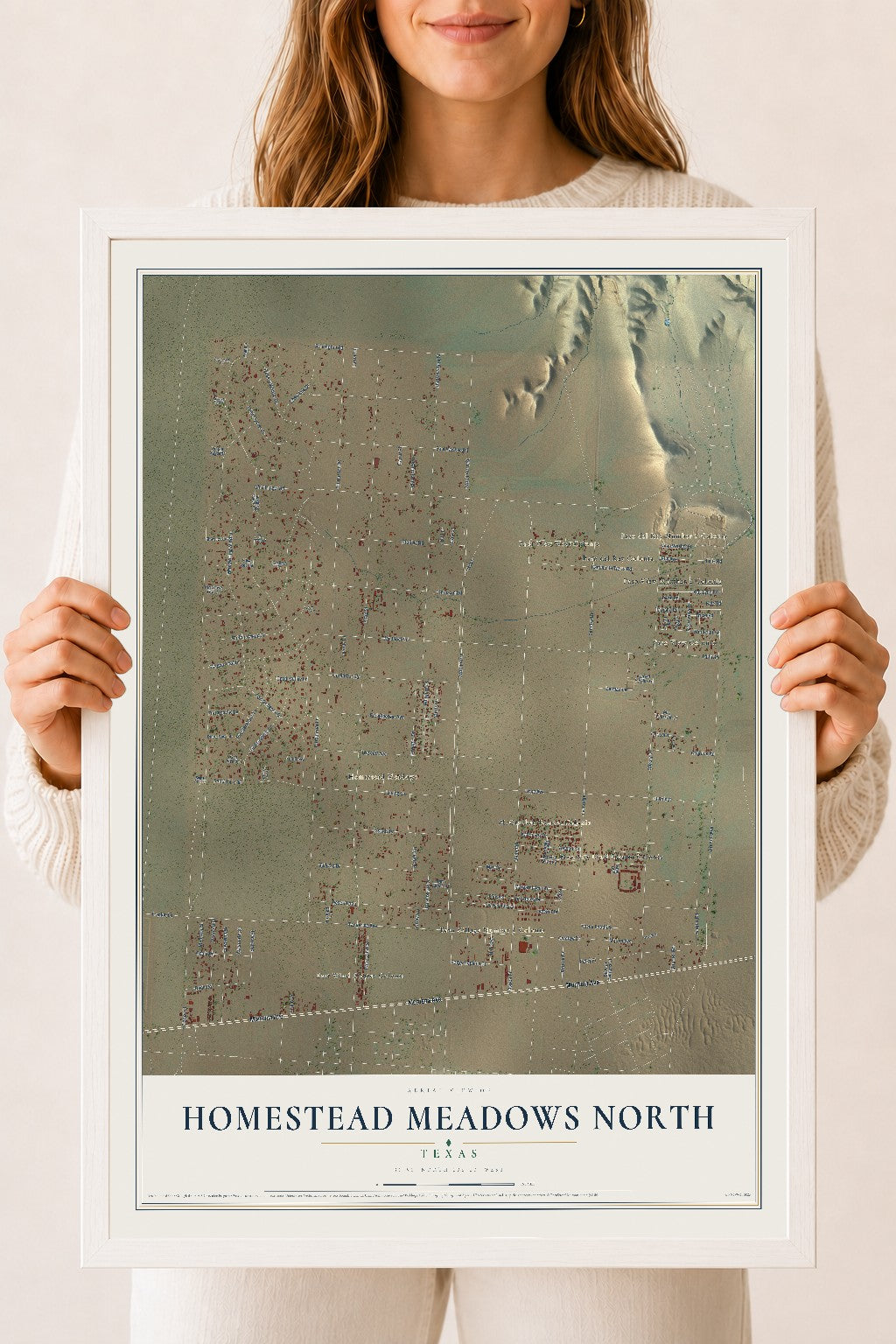 Map of Homestead Meadows North, Texas, 18 x 24 inch print in a white wood frame