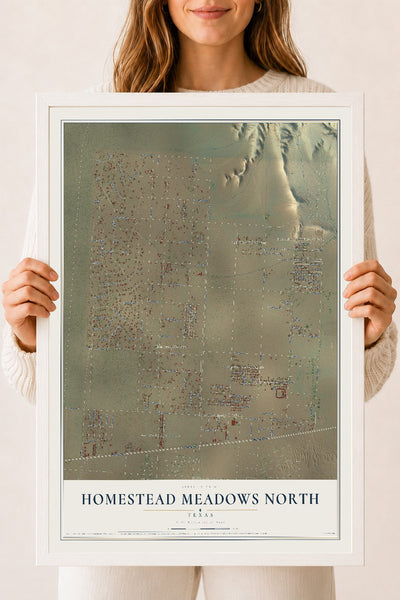 Map of Homestead Meadows North, Texas, 18 x 24 inch print in a white wood frame