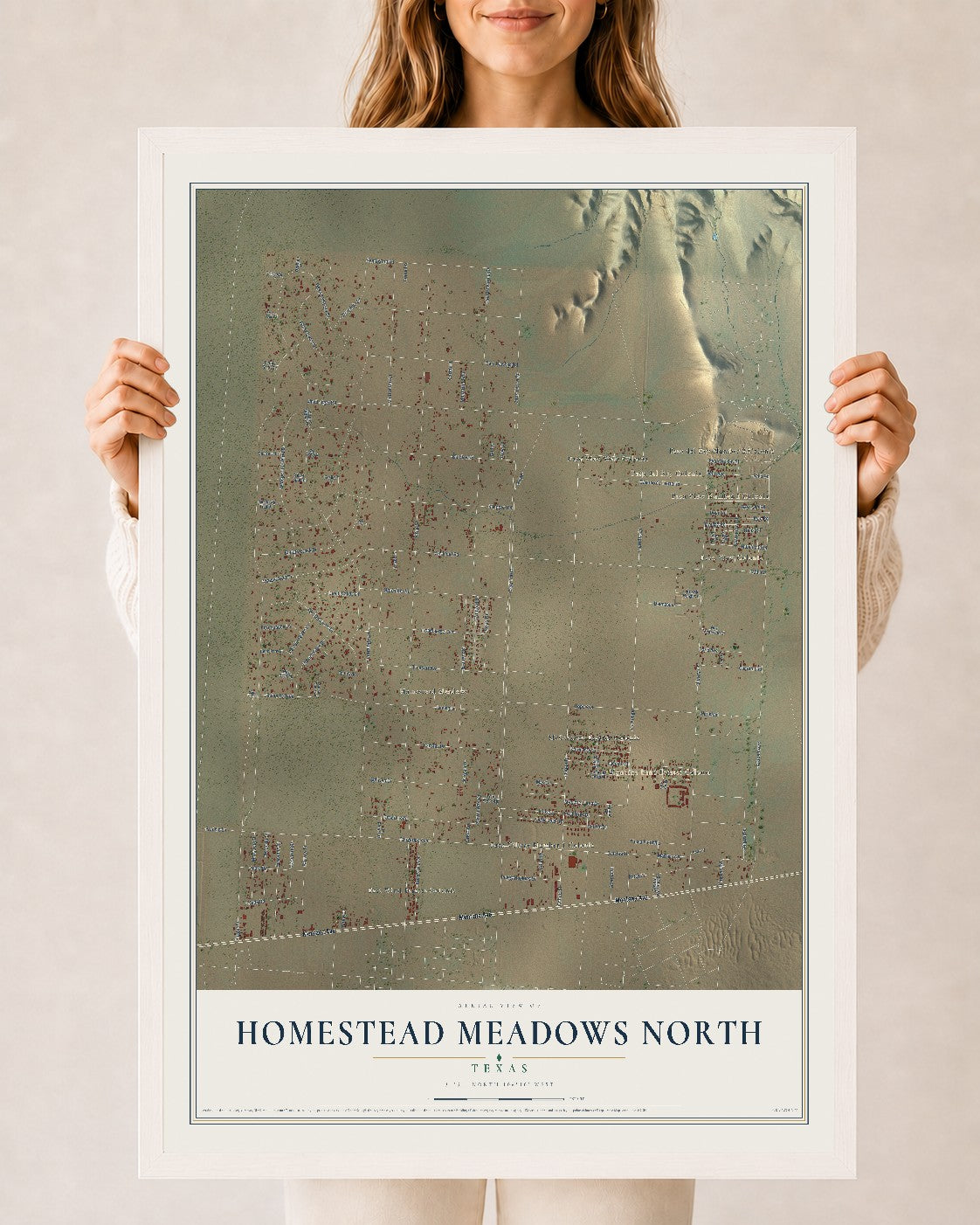 Map of Homestead Meadows North, Texas, 24 x 36 inch print in a white wood frame
