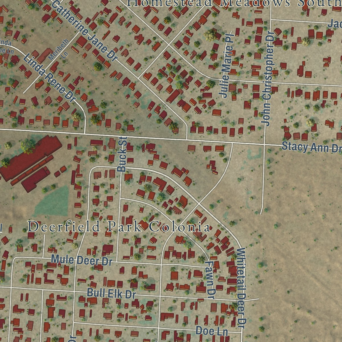 Close-up of the map of Homestead Meadows South, Texas print showing street and building detail