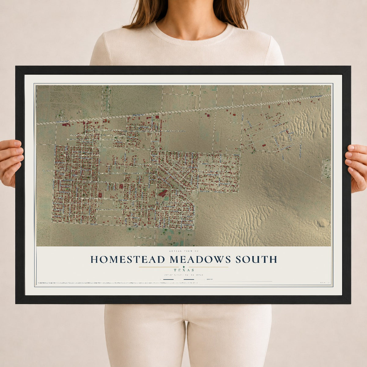 Map of Homestead Meadows South, Texas, 18 x 24 inch print in a black wood frame