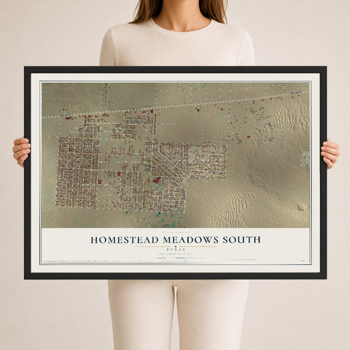 Map of Homestead Meadows South, Texas, 24 x 36 inch print in a black wood frame