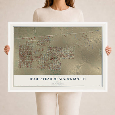 Map of Homestead Meadows South, Texas, 24 x 36 inch print in a white wood frame
