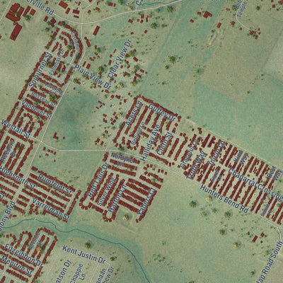 Close-up of the map of Hornsby Bend, Texas print showing street and building detail