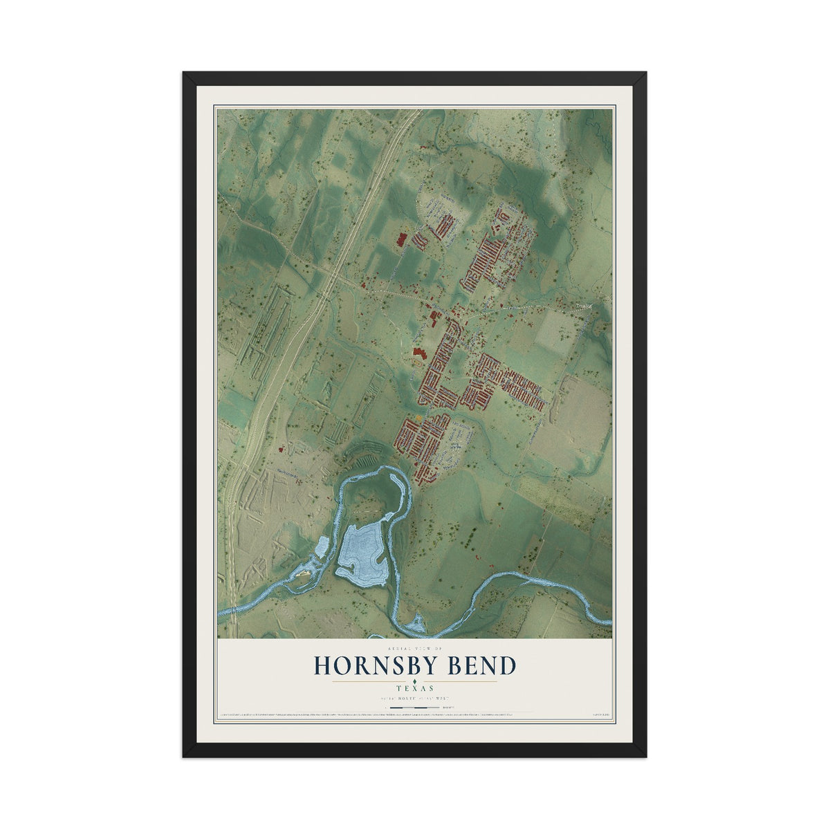 Map of Hornsby Bend, Texas, 12 x 18 inch print in a black wood frame
