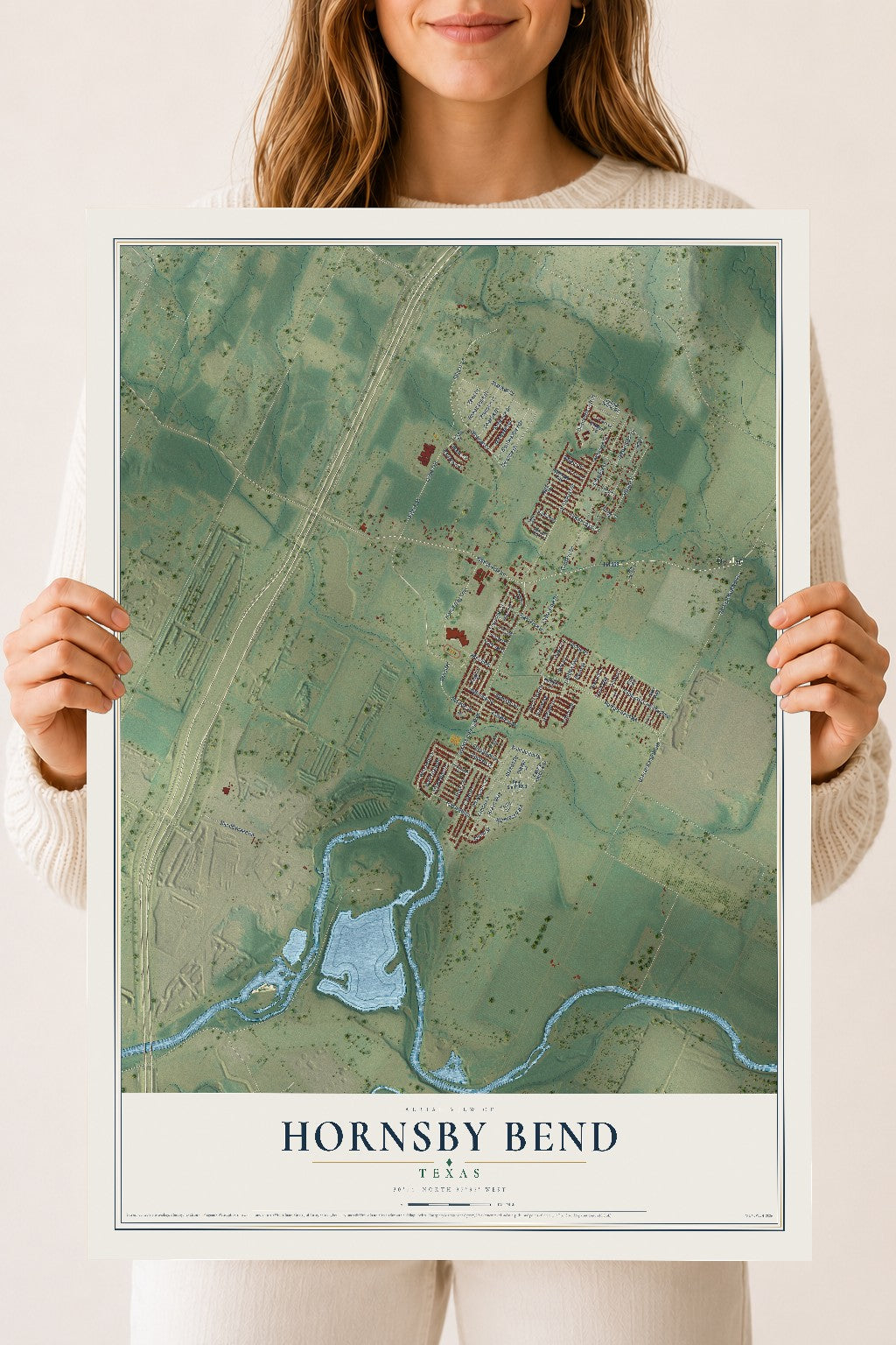 Map of Hornsby Bend, Texas, 18 x 24 inch unframed archival matte print
