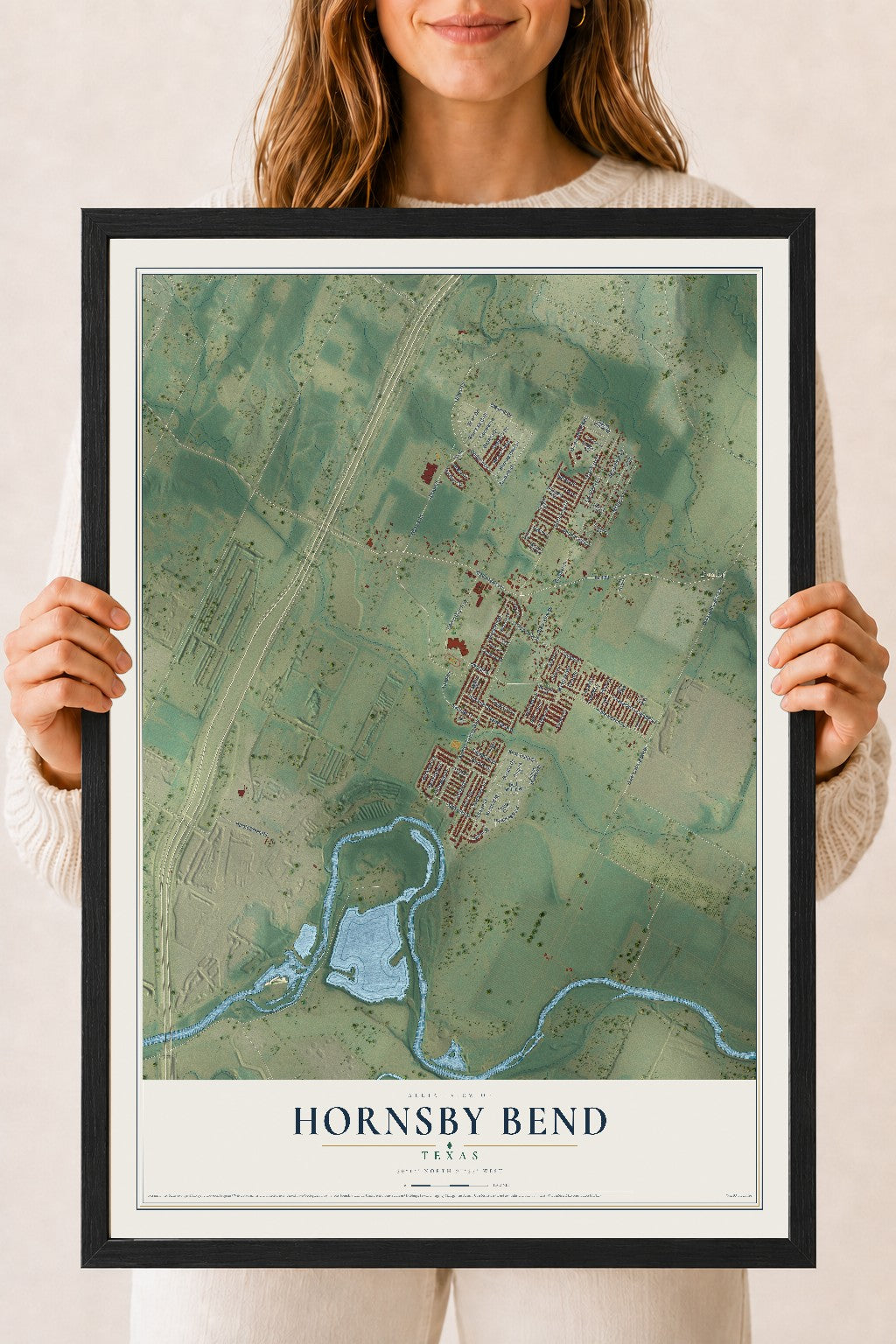 Map of Hornsby Bend, Texas, 18 x 24 inch print in a black wood frame