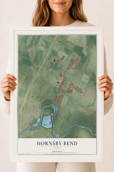 Map of Hornsby Bend, Texas, 18 x 24 inch print in a white wood frame