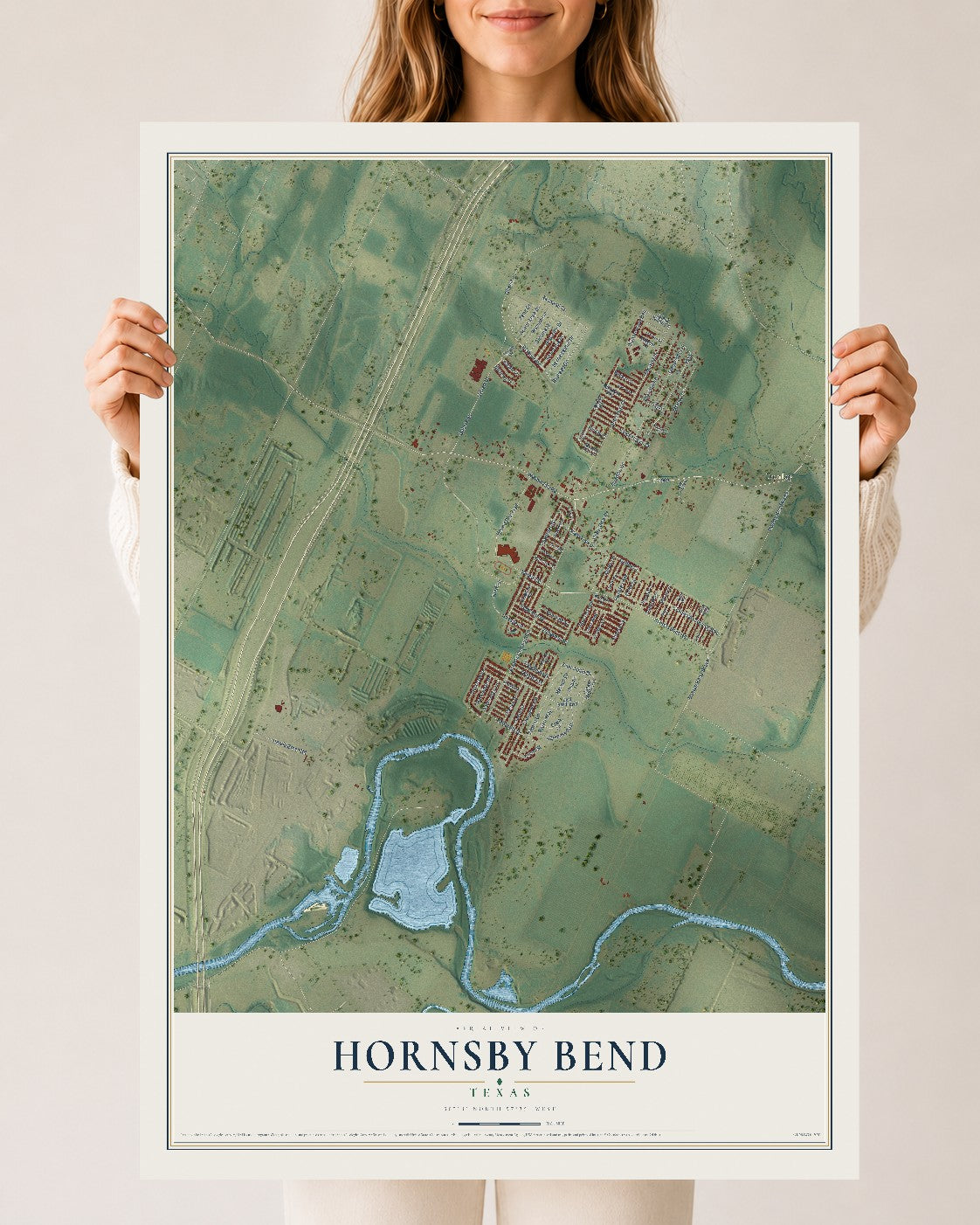 Map of Hornsby Bend, Texas, 24 x 36 inch unframed archival matte print