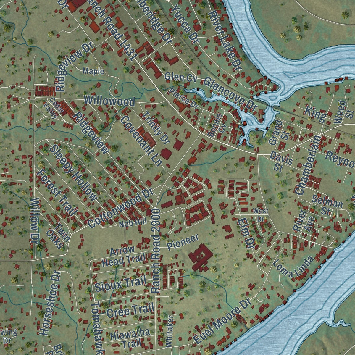 Close-up of the map of Kingsland, Texas print showing street and building detail