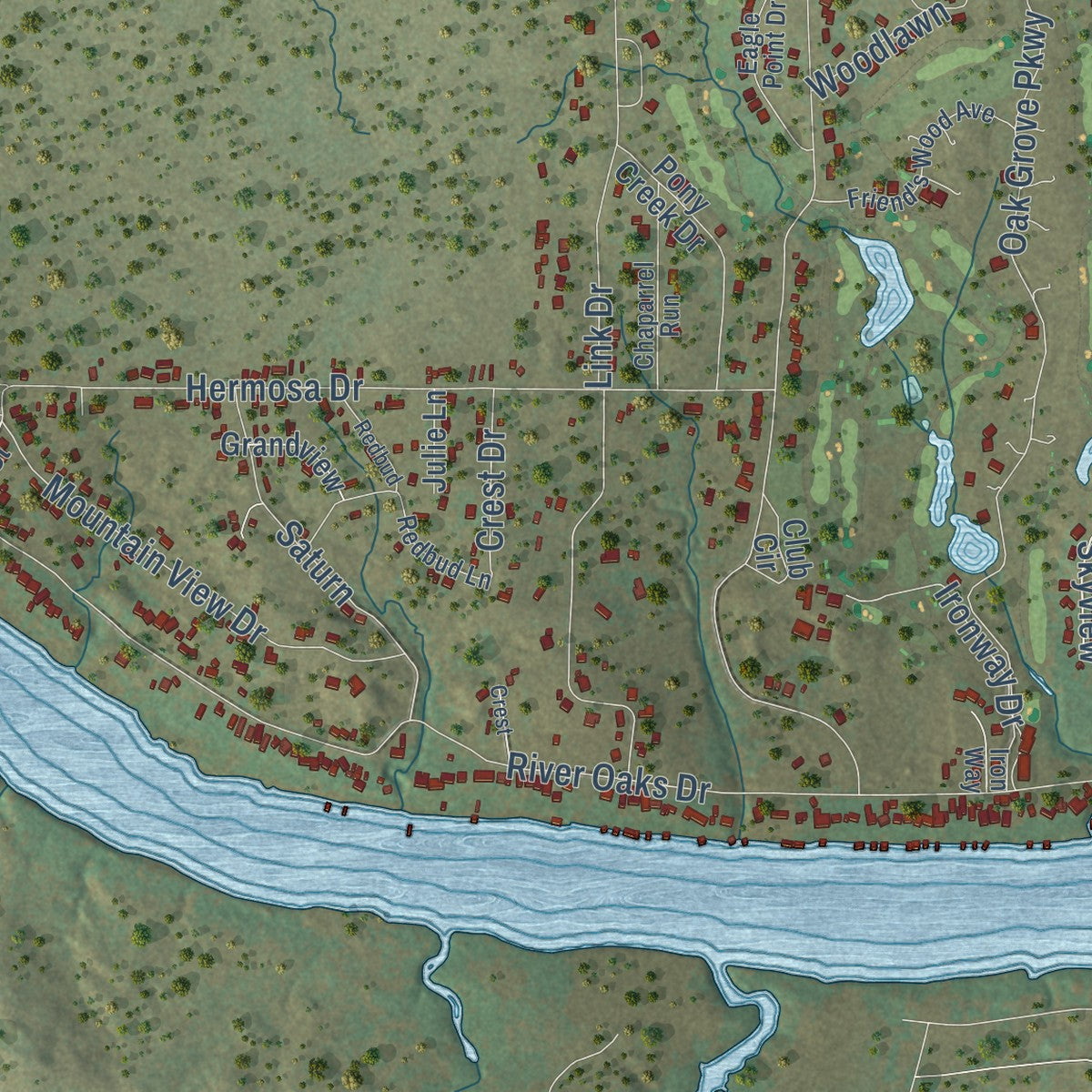 Second close-up of the map of Kingsland, Texas print showing more streets and buildings
