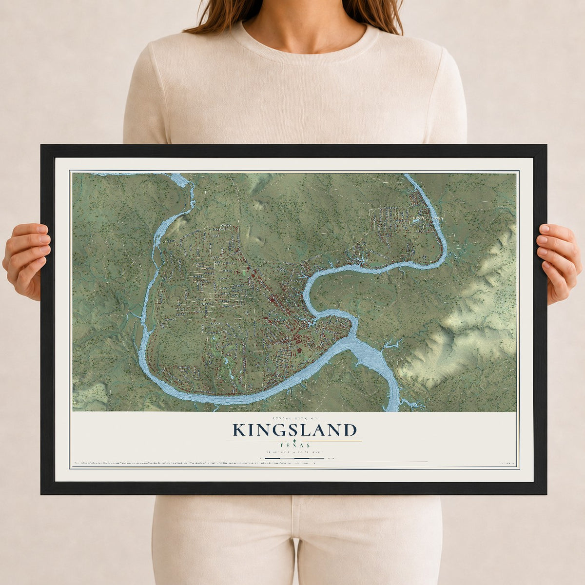 Map of Kingsland, Texas, 12 x 18 inch print in a black wood frame